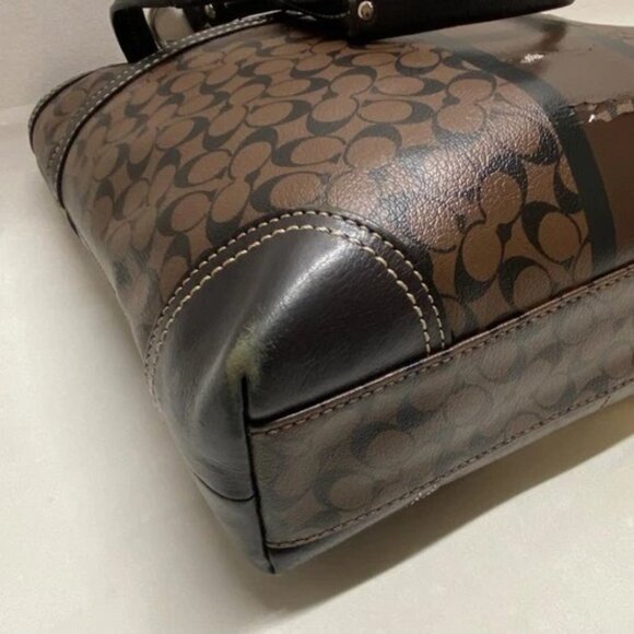 Coach Chelsea Heritage Tote F15137 Signature Stripe Black Brown Leather Handbag - Picture 6 of 16